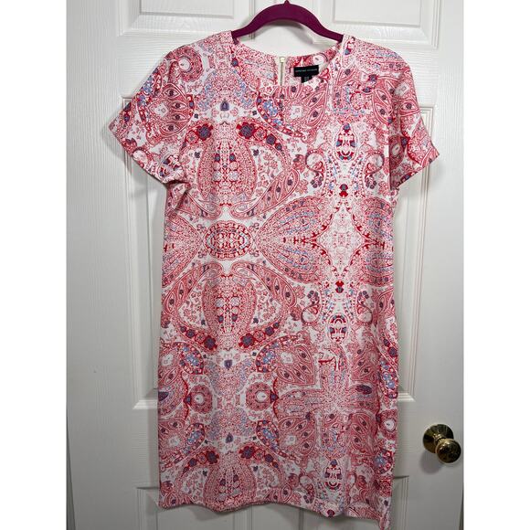 Adrienne Vittadini Red Paisley Shift Short Sleeve Dress 10 Spring Wedding Guest - Picture 1 of 6